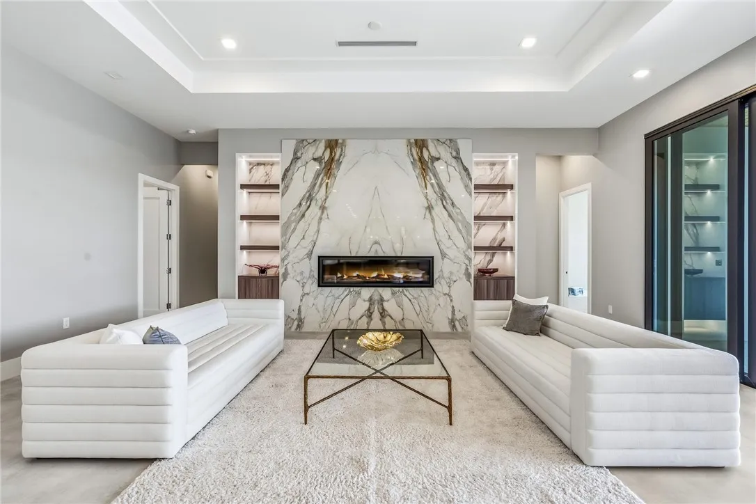 Stone slab fireplace surround